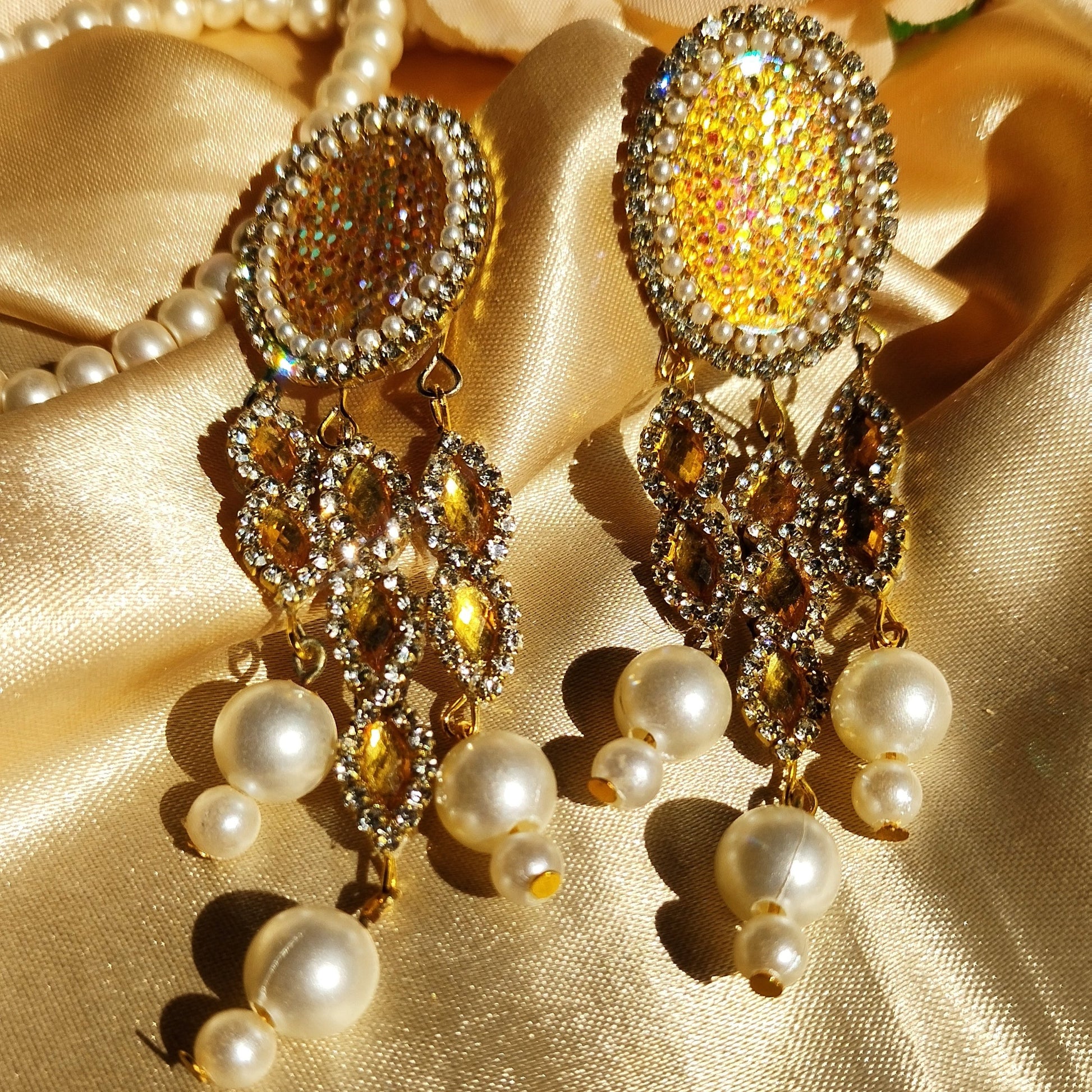 Rhinestone Pearl Drop Earrings | Lavish Adorn.