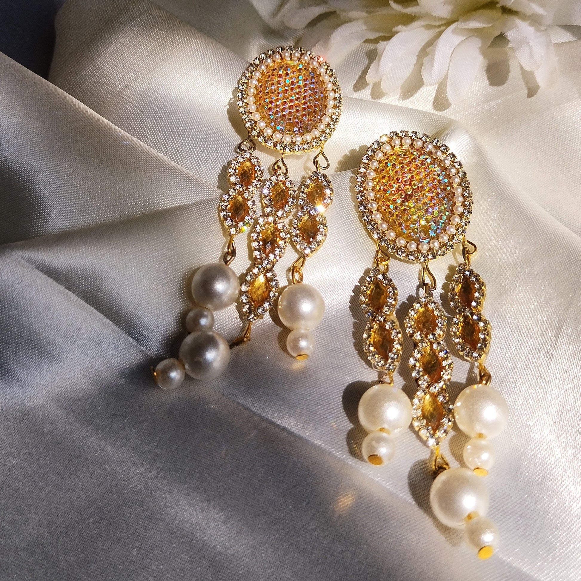 Rhinestone Pearl Drop Earrings | Lavish Adorn.